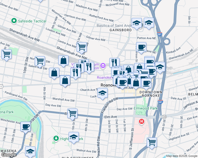 map of restaurants, bars, coffee shops, grocery stores, and more near 319 Campbell Avenue Southwest in Roanoke