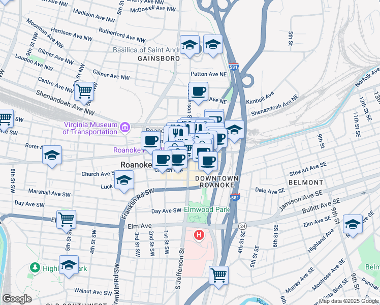 map of restaurants, bars, coffee shops, grocery stores, and more near 202 South Jefferson Street in Roanoke
