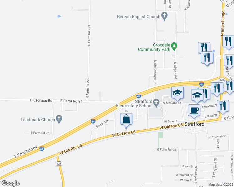 map of restaurants, bars, coffee shops, grocery stores, and more near 505 West Evergreen Street in Strafford