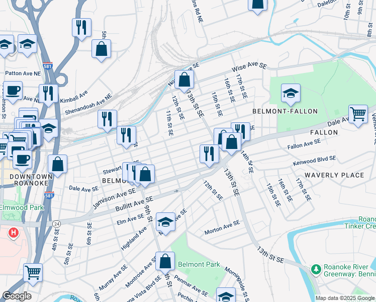 map of restaurants, bars, coffee shops, grocery stores, and more near 1139 Stewart Avenue Southeast in Roanoke