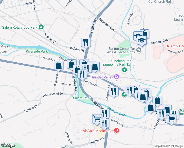 map of restaurants, bars, coffee shops, grocery stores, and more near 1529 Apperson Drive in Salem