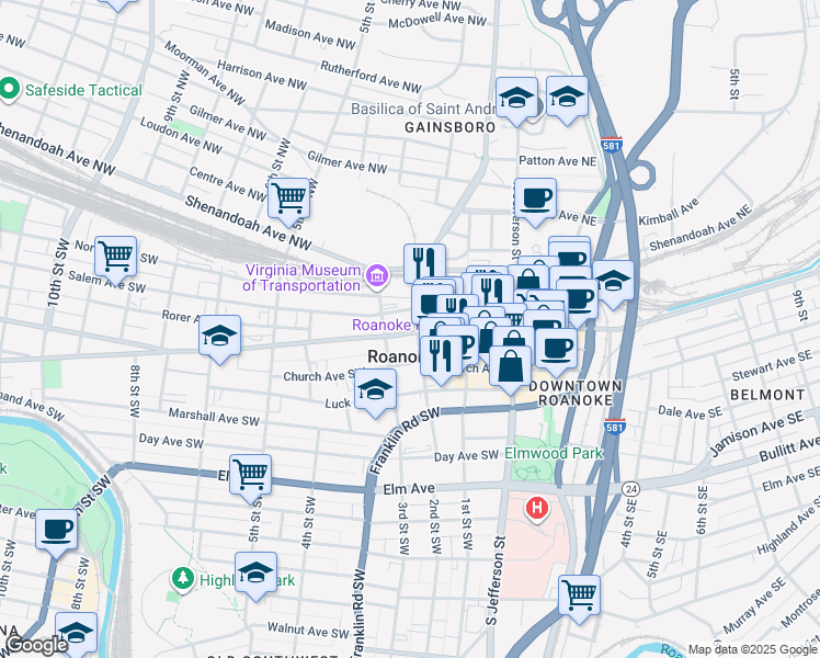 map of restaurants, bars, coffee shops, grocery stores, and more near 201 Campbell Avenue Southwest in Roanoke
