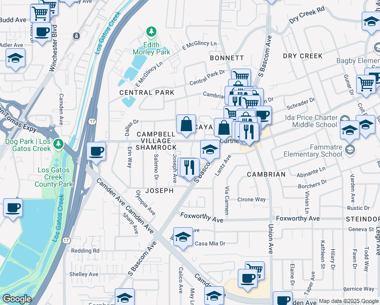 map of restaurants, bars, coffee shops, grocery stores, and more near 2726 Montavo Place in Campbell