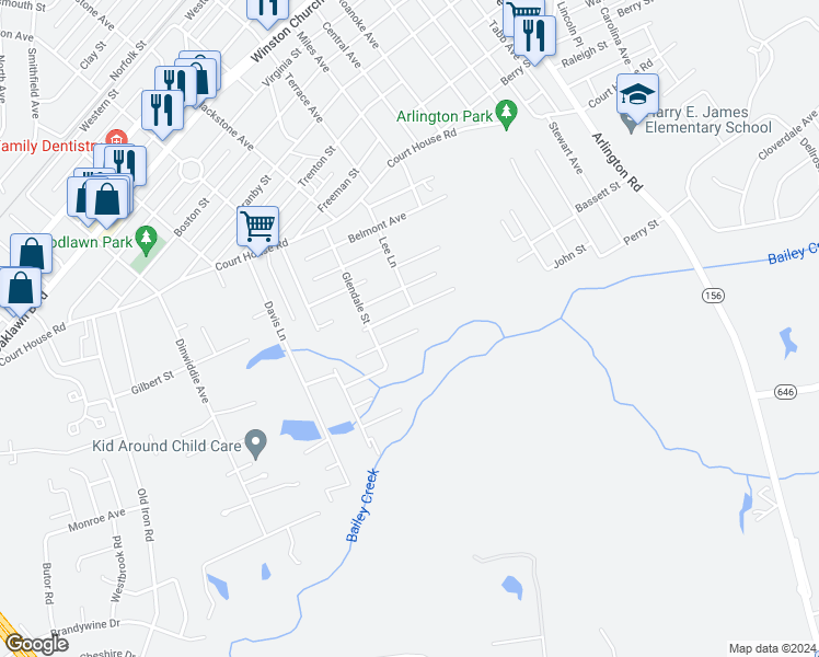 map of restaurants, bars, coffee shops, grocery stores, and more near 3203 Garland Avenue in Hopewell