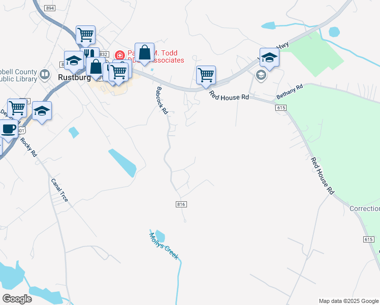 map of restaurants, bars, coffee shops, grocery stores, and more near 118 Pine Needle Lane in Rustburg