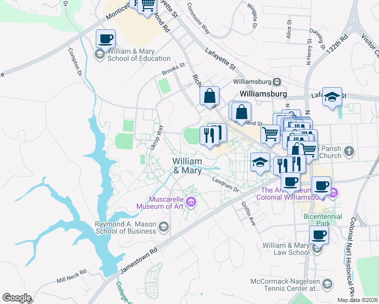 map of restaurants, bars, coffee shops, grocery stores, and more near 230 Gooch Drive in Williamsburg