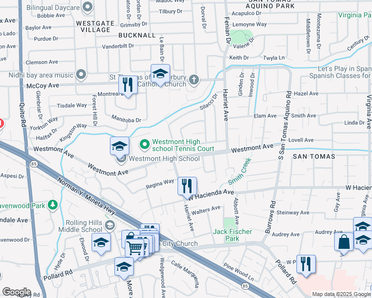 map of restaurants, bars, coffee shops, grocery stores, and more near 1676 Adrien Drive in Campbell