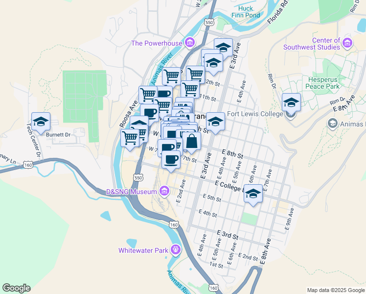 map of restaurants, bars, coffee shops, grocery stores, and more near 102 East 8th Street in Durango