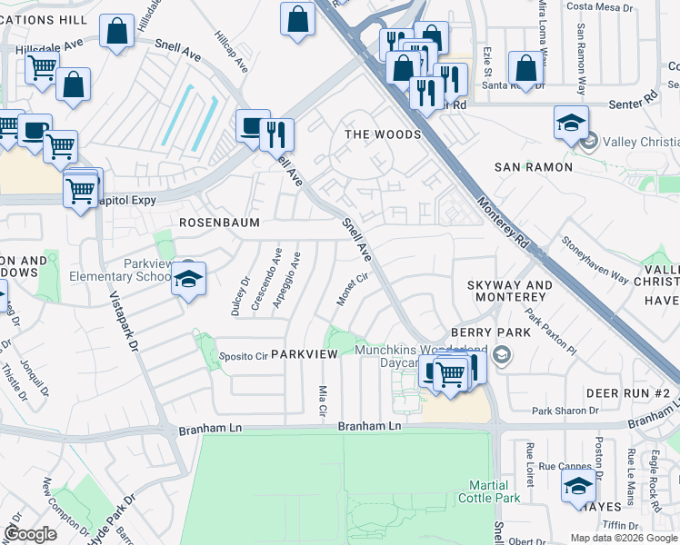 map of restaurants, bars, coffee shops, grocery stores, and more near 4165 Monet Circle in San Jose