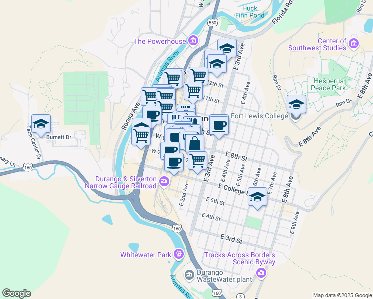 map of restaurants, bars, coffee shops, grocery stores, and more near in Durango