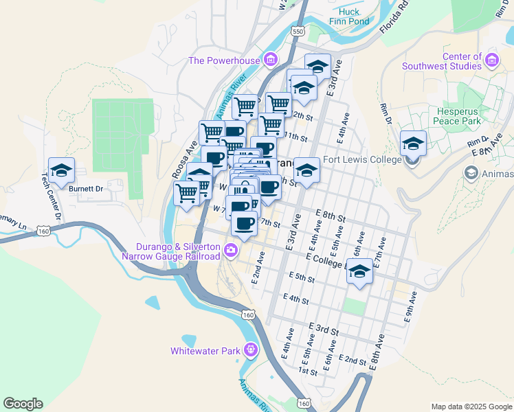 map of restaurants, bars, coffee shops, grocery stores, and more near 713 Main Avenue in Durango
