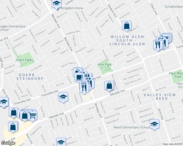 map of restaurants, bars, coffee shops, grocery stores, and more near 2968 Woodgate Court in San Jose