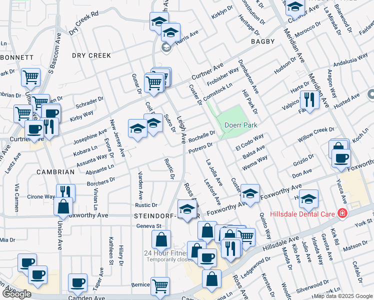 map of restaurants, bars, coffee shops, grocery stores, and more near 1843 Potrero Drive in San Jose