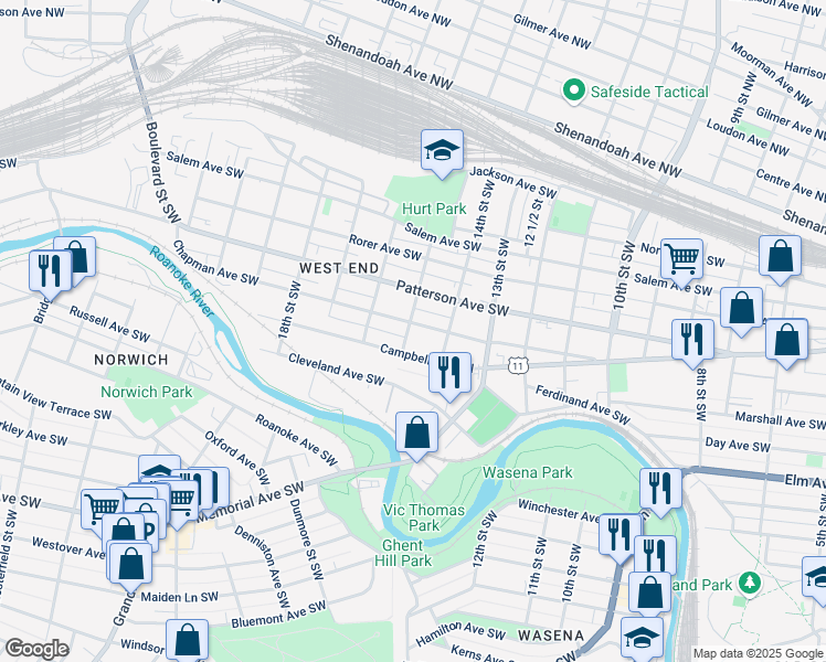 map of restaurants, bars, coffee shops, grocery stores, and more near 1426 Chapman Avenue Southwest in Roanoke