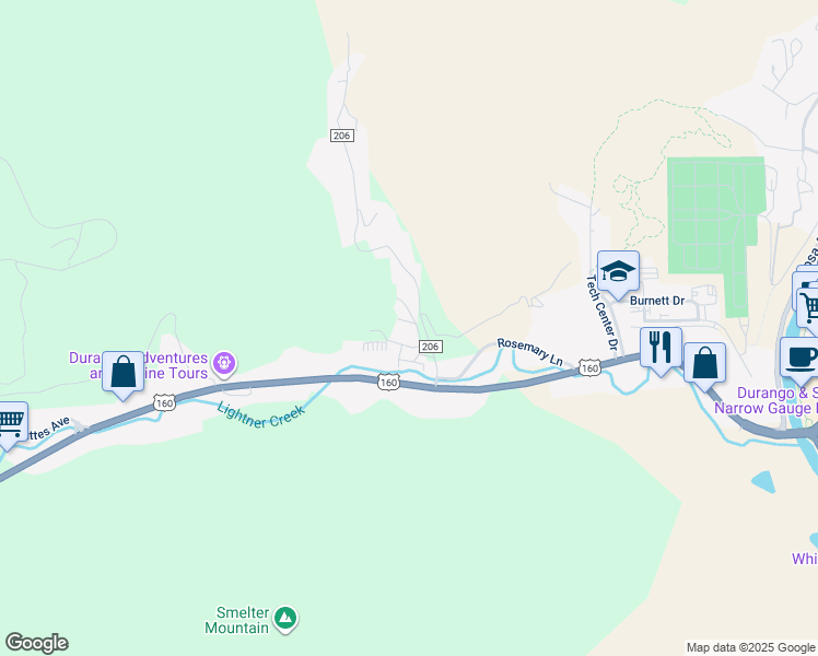 map of restaurants, bars, coffee shops, grocery stores, and more near 60 Westwood Place in Durango