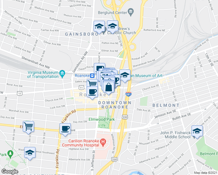map of restaurants, bars, coffee shops, grocery stores, and more near 110 Campbell Avenue Southeast in Roanoke