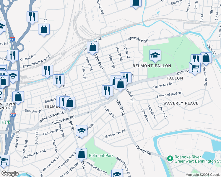 map of restaurants, bars, coffee shops, grocery stores, and more near 1240 Dale Avenue Southeast in Roanoke