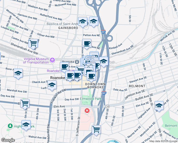 map of restaurants, bars, coffee shops, grocery stores, and more near 32 Market Square Southeast in Roanoke