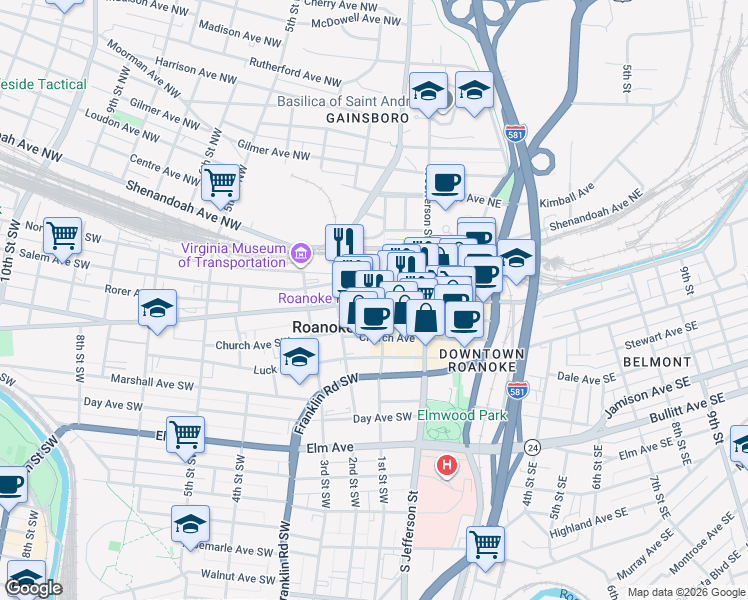 map of restaurants, bars, coffee shops, grocery stores, and more near 108 Campbell Avenue Southwest in Roanoke