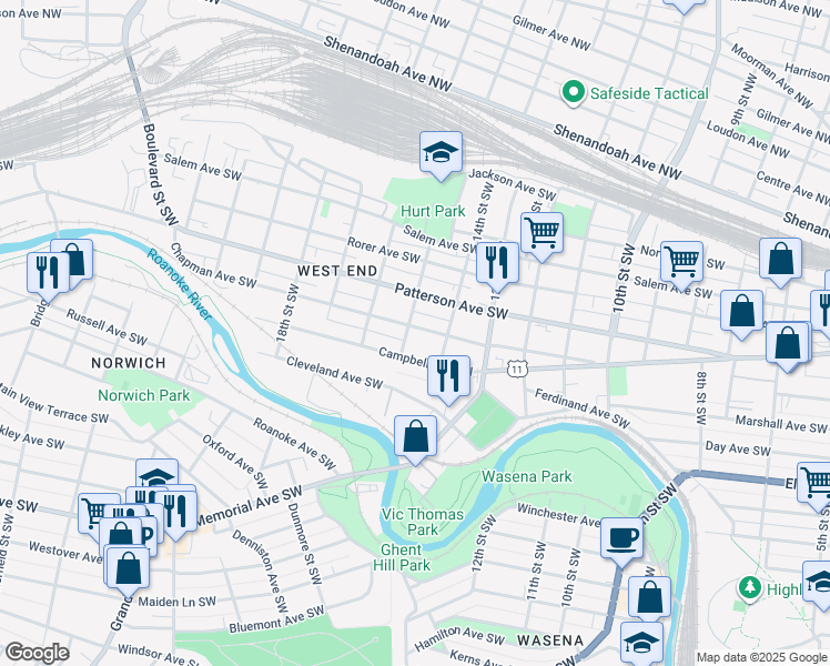map of restaurants, bars, coffee shops, grocery stores, and more near 1426 Chapman Avenue Southwest in Roanoke