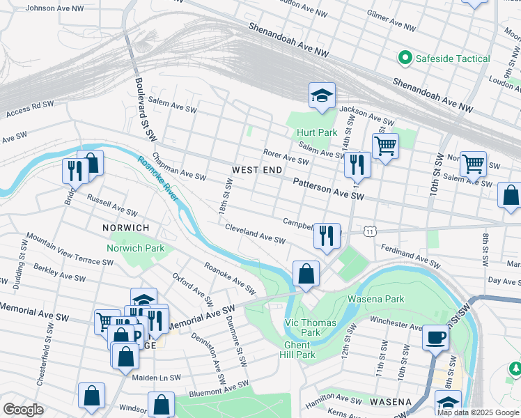 map of restaurants, bars, coffee shops, grocery stores, and more near 1624 Chapman Avenue Southwest in Roanoke