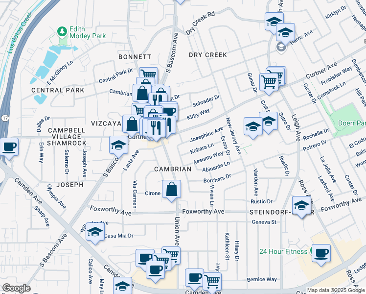 map of restaurants, bars, coffee shops, grocery stores, and more near 1998 Josephine Avenue in San Jose