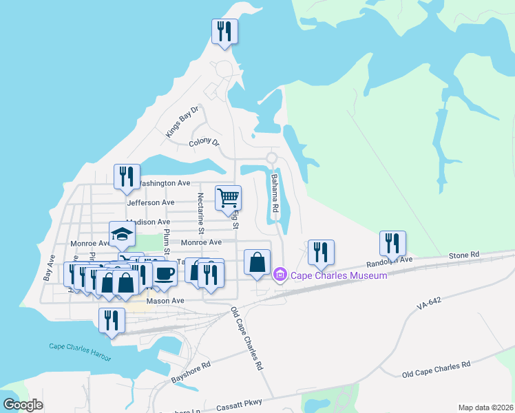 map of restaurants, bars, coffee shops, grocery stores, and more near 19 Charles Towne Drive in Cape Charles