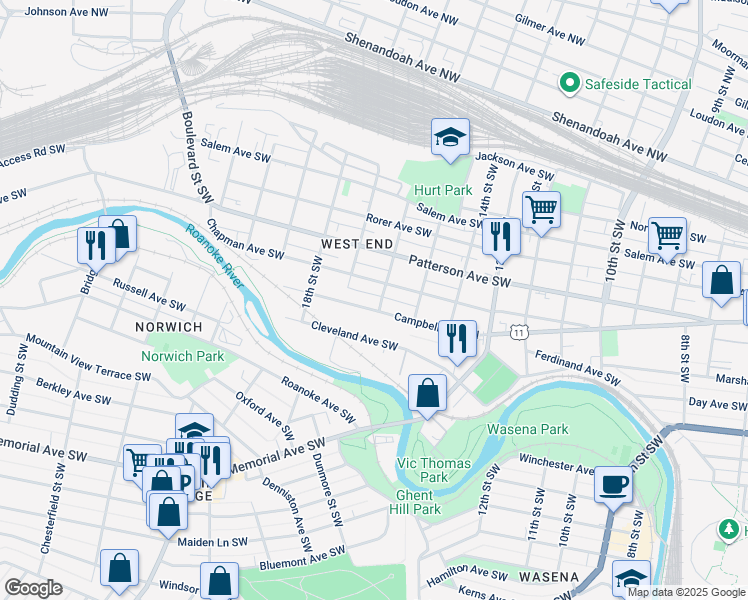 map of restaurants, bars, coffee shops, grocery stores, and more near 1605 Campbell Avenue Southwest in Roanoke