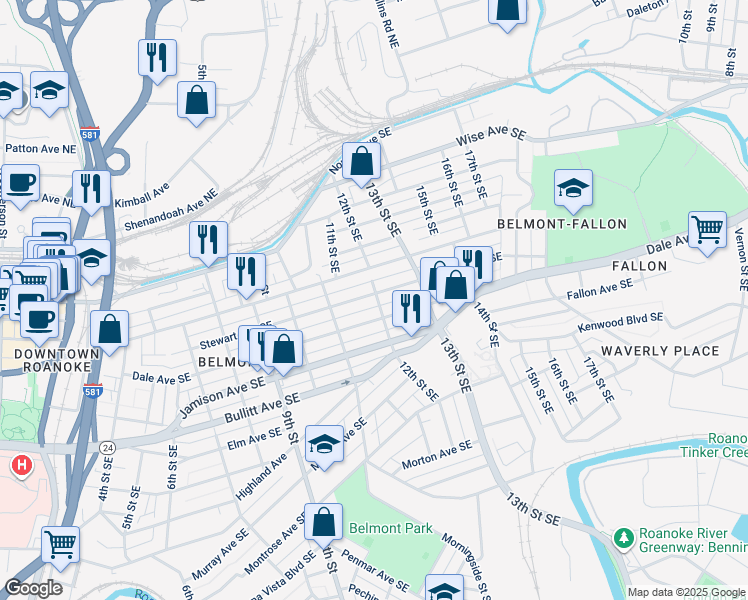 map of restaurants, bars, coffee shops, grocery stores, and more near 1143 Stewart Avenue Southeast in Roanoke