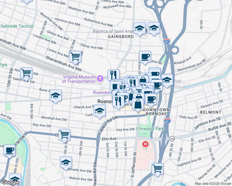 map of restaurants, bars, coffee shops, grocery stores, and more near 145 Campbell Avenue Southwest in Roanoke