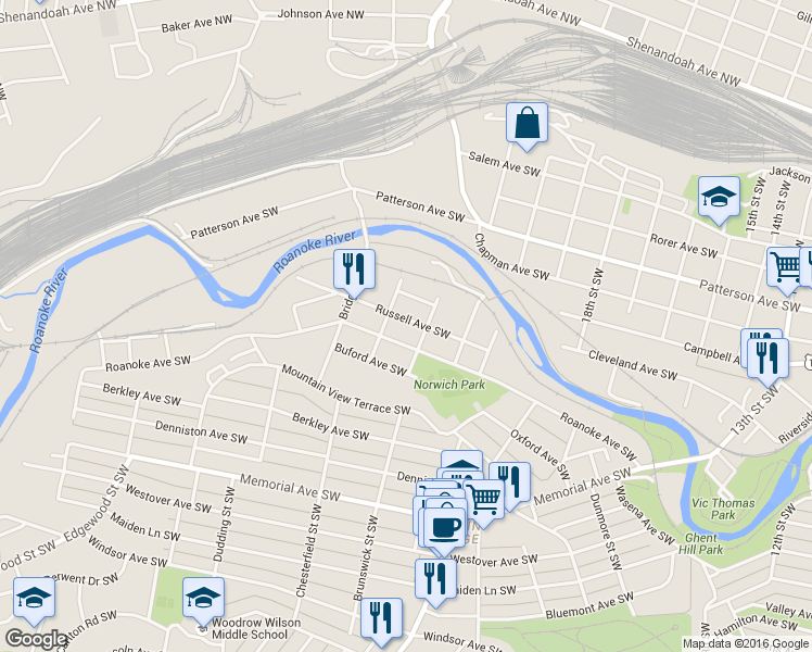 map of restaurants, bars, coffee shops, grocery stores, and more near 2214 Russell Avenue Southwest in Roanoke