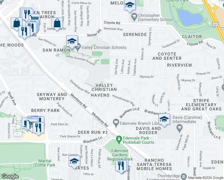 map of restaurants, bars, coffee shops, grocery stores, and more near 4587 Thornhaven Way in San Jose