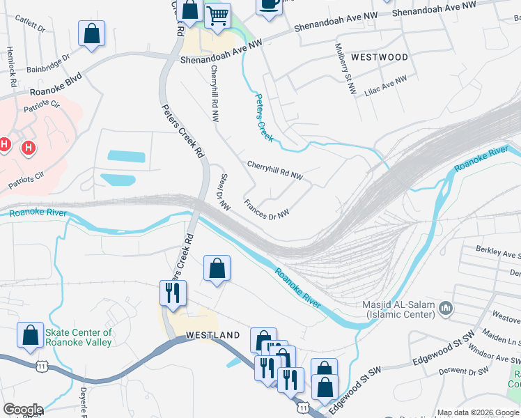 map of restaurants, bars, coffee shops, grocery stores, and more near 137 Frances Drive Northwest in Roanoke