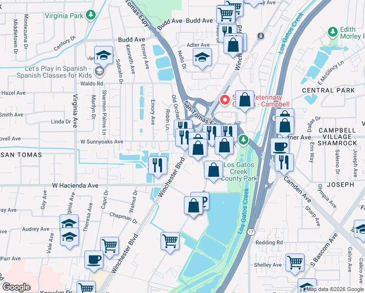 map of restaurants, bars, coffee shops, grocery stores, and more near 262 West Sunnyoaks Avenue in Campbell