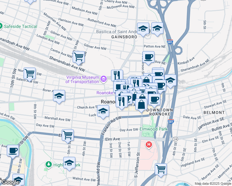 map of restaurants, bars, coffee shops, grocery stores, and more near 145 Campbell Avenue Southwest in Roanoke