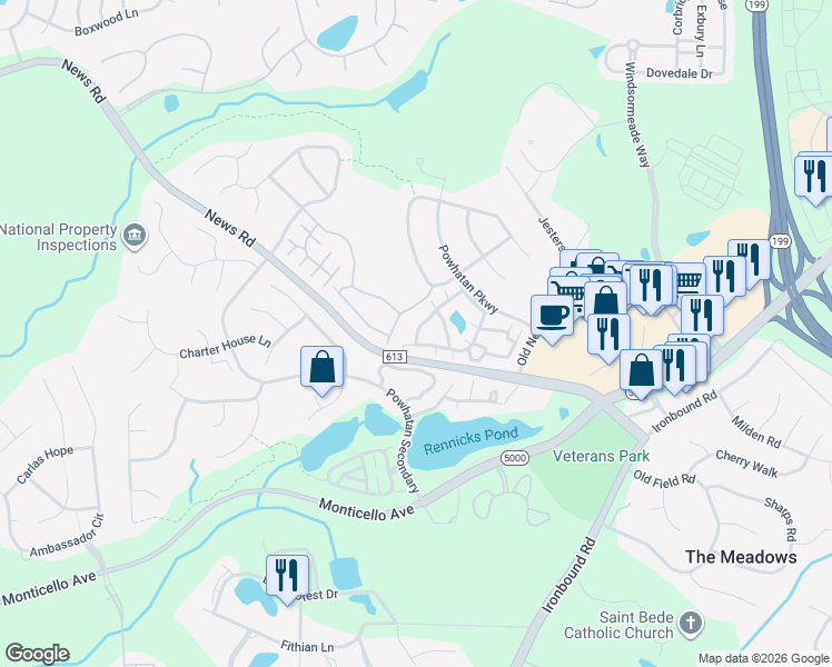 map of restaurants, bars, coffee shops, grocery stores, and more near 1924 Carriage House Way in Williamsburg