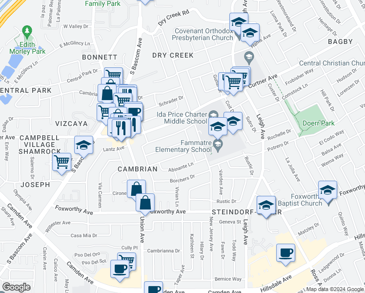 map of restaurants, bars, coffee shops, grocery stores, and more near 1958 Kobara Lane in San Jose