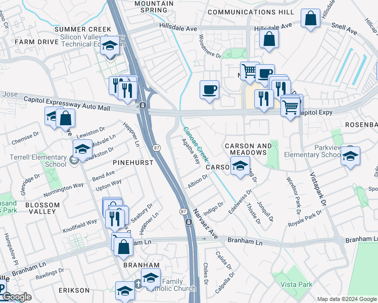 map of restaurants, bars, coffee shops, grocery stores, and more near 722 Dagmar Court in San Jose