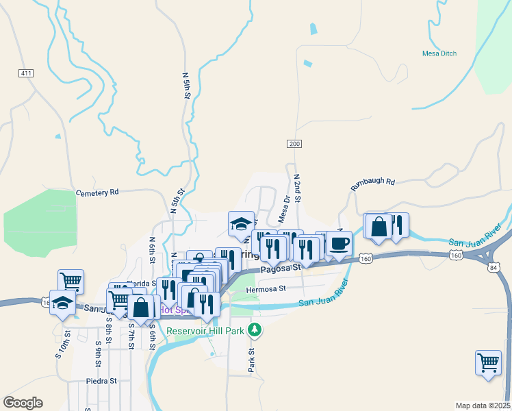 map of restaurants, bars, coffee shops, grocery stores, and more near 319 3rd St in Pagosa Springs