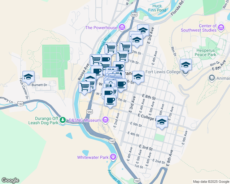 map of restaurants, bars, coffee shops, grocery stores, and more near 713 Main Avenue in Durango