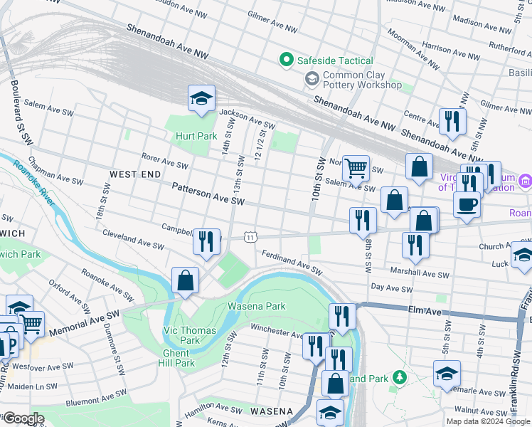 map of restaurants, bars, coffee shops, grocery stores, and more near 1130 Patterson Avenue Southwest in Roanoke