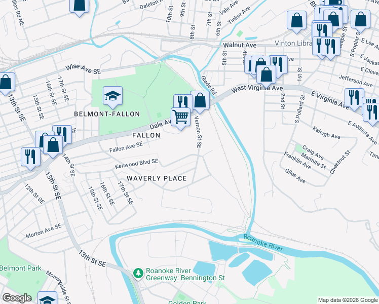 map of restaurants, bars, coffee shops, grocery stores, and more near 2056 Kenwood Boulevard Southeast in Roanoke