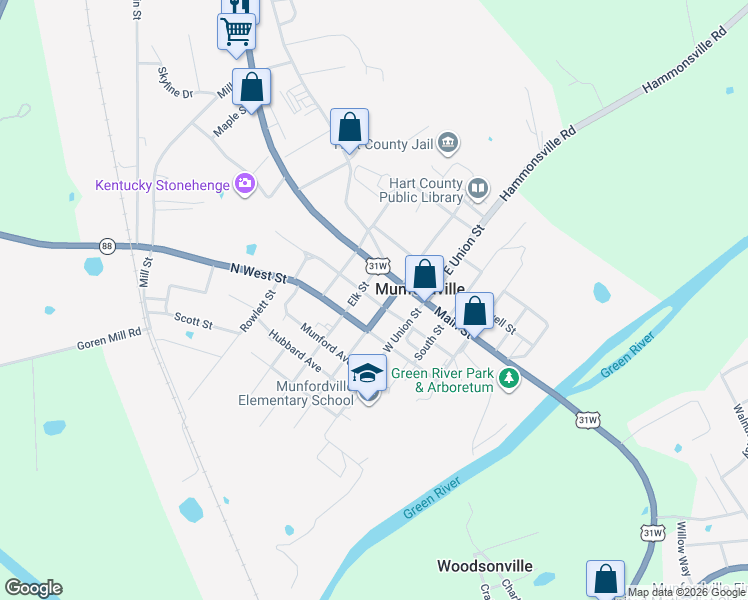 map of restaurants, bars, coffee shops, grocery stores, and more near North Washington Street in Munfordville