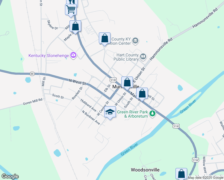 map of restaurants, bars, coffee shops, grocery stores, and more near North Washington Street in Munfordville