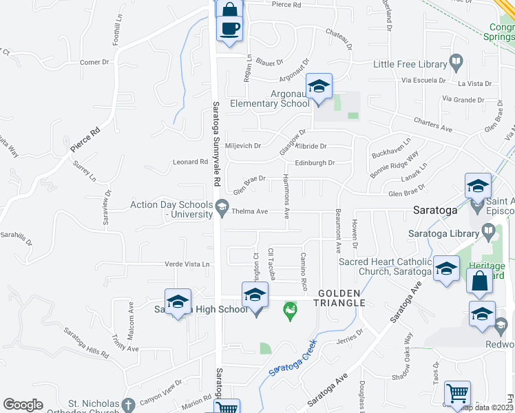 map of restaurants, bars, coffee shops, grocery stores, and more near 20351 Thelma Avenue in Saratoga