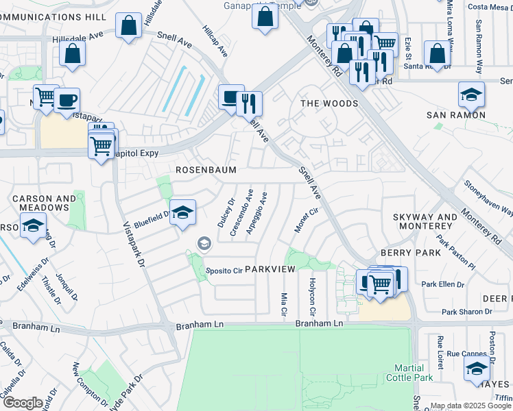 map of restaurants, bars, coffee shops, grocery stores, and more near 4188 Arpeggio Avenue in San Jose
