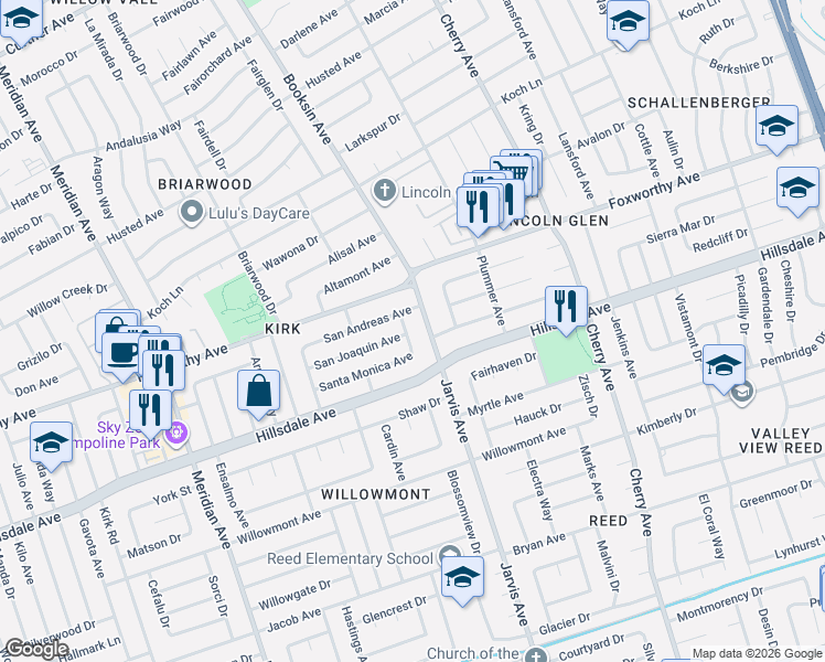 map of restaurants, bars, coffee shops, grocery stores, and more near 3096 Santa Margarita Avenue in San Jose