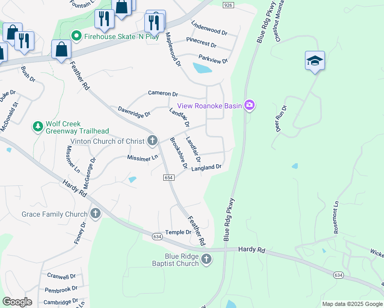 map of restaurants, bars, coffee shops, grocery stores, and more near 810 Landfair Drive in Vinton