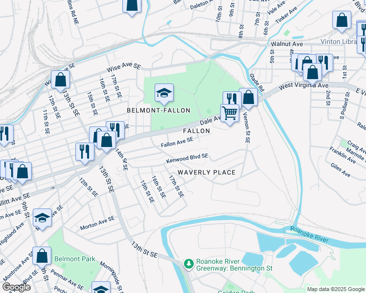 map of restaurants, bars, coffee shops, grocery stores, and more near 2025 Fallon Avenue Southeast in Roanoke