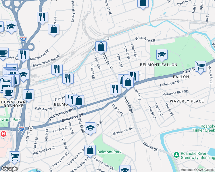 map of restaurants, bars, coffee shops, grocery stores, and more near 1143 Stewart Avenue Southeast in Roanoke